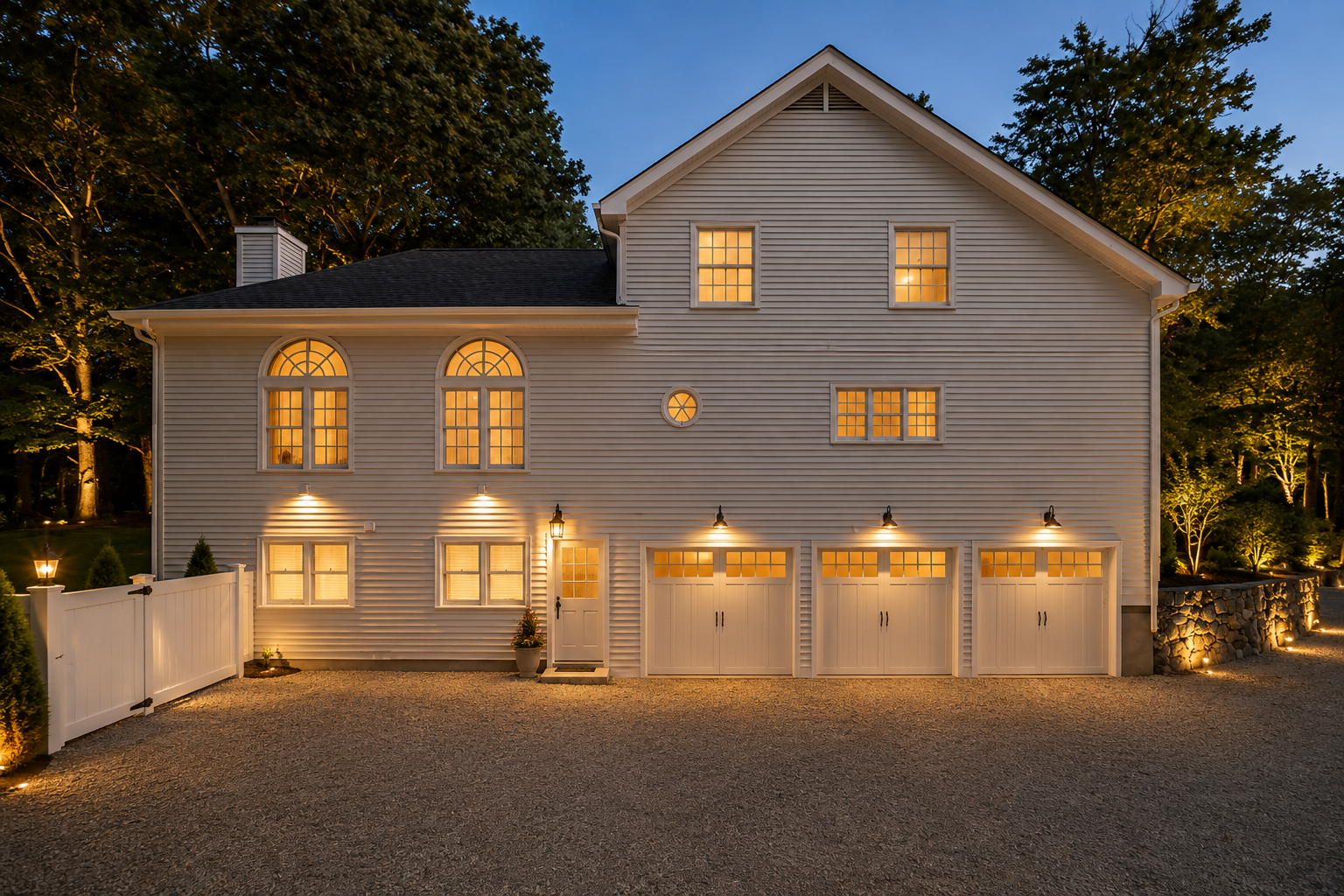 Rear exterior at twilight